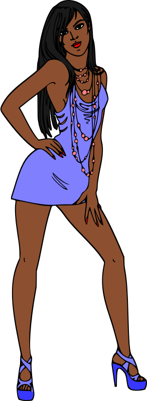 Woman in short blue dress (black hair, dark skin)