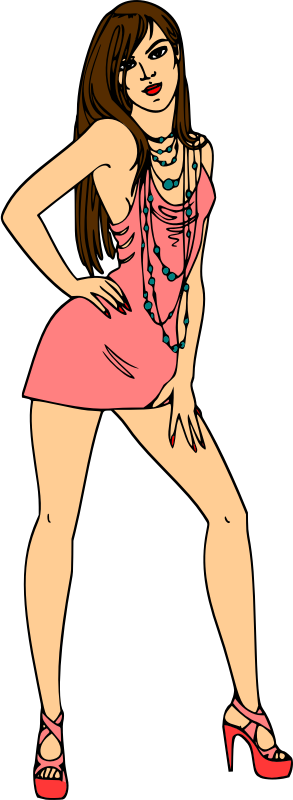 Woman in short pink dress (brown hair, light skin)