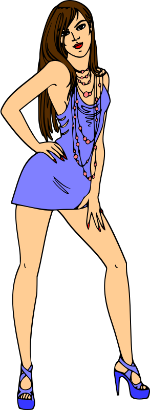 Woman in short blue dress (brown hair, light skin)