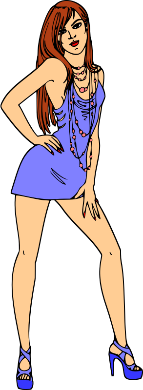 Woman in short blue dress (red hair, light skin)
