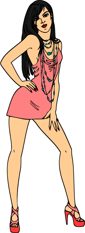 Woman in short pink dress (black hair, light skin)