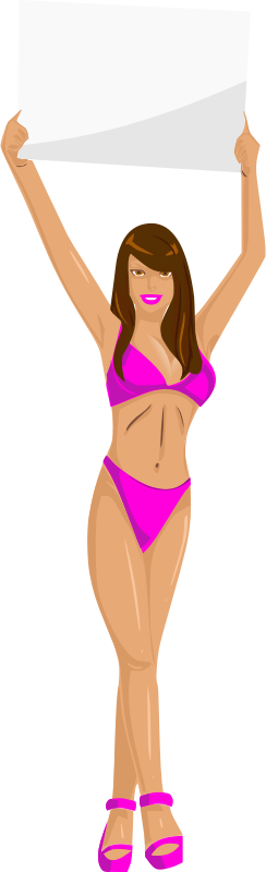 Girl with sign (pink bikini, brown hair, light skin)