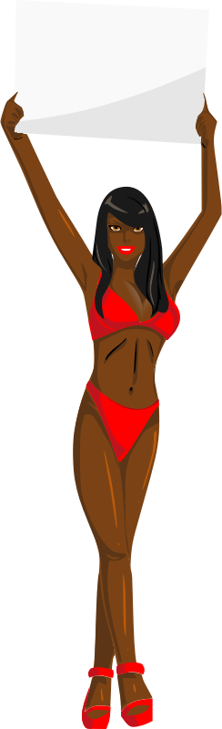 Girl with sign (red bikini, black hair, dark skin)