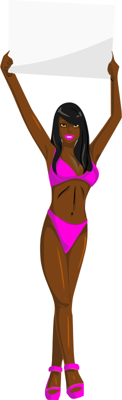 Girl with sign (pink bikini, black hair, dark skin)
