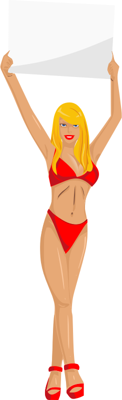 Girl with sign (red bikini, blonde hair, light skin)