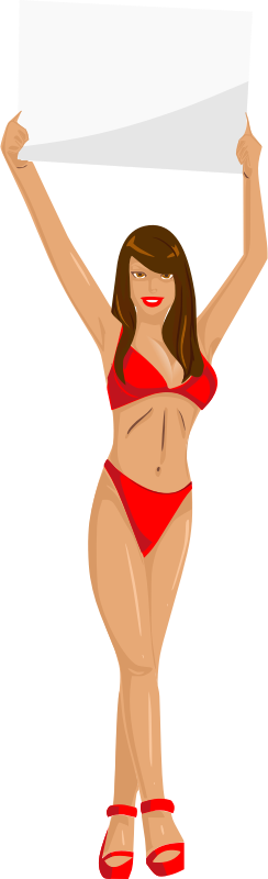 Girl with sign (red bikini, brown hair, light skin)