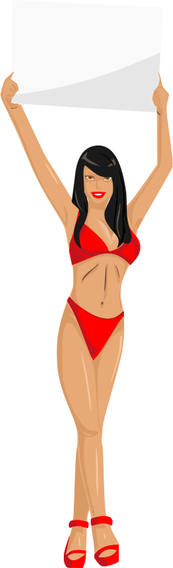 Girl with sign (red bikini, black hair, light skin)