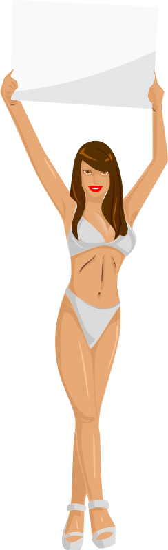 Girl with sign (white bikini, brown hair, light skin)