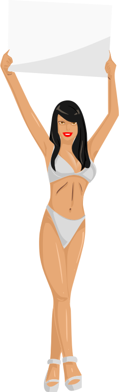 Girl with sign (white bikini, black hair, light skin)