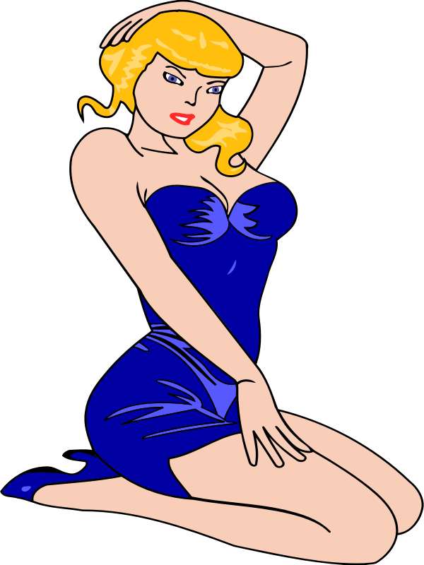 Woman kneeling (light skin, blue dress, blonde hair)