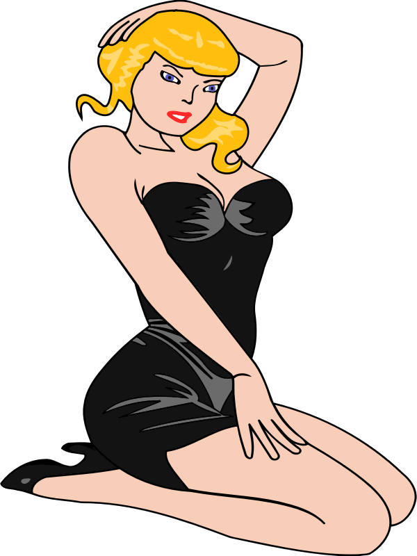 Woman kneeling (light skin, black dress, blonde hair)