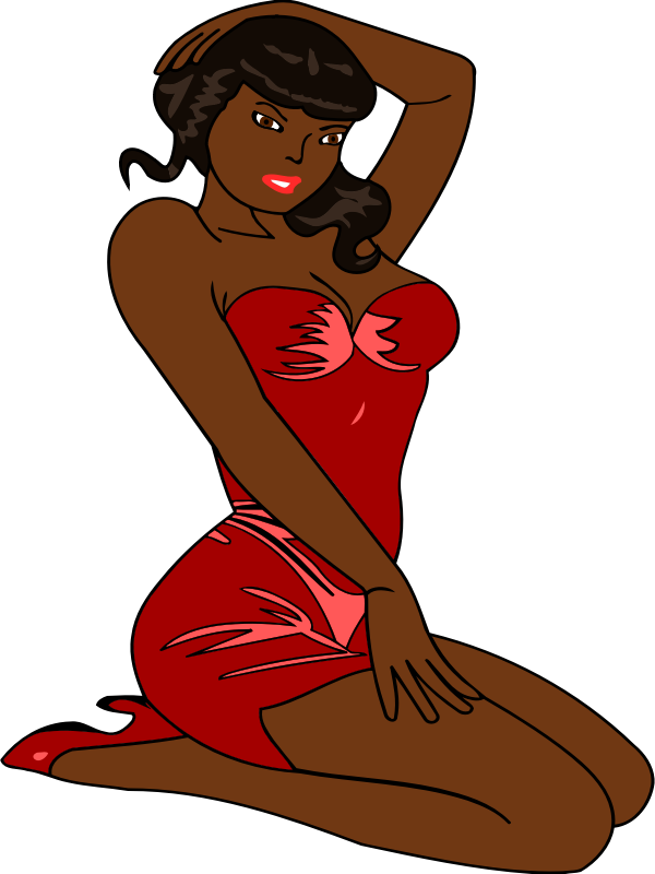 Woman kneeling (dark skin, red dress, black hair)