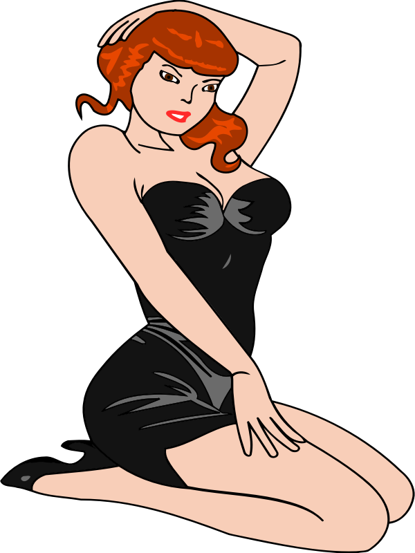 Woman kneeling (light skin, black dress, red hair)