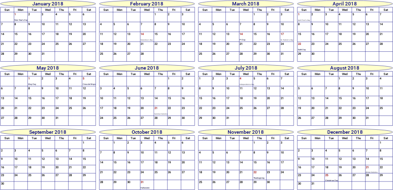 2018 Year/Month Calendar