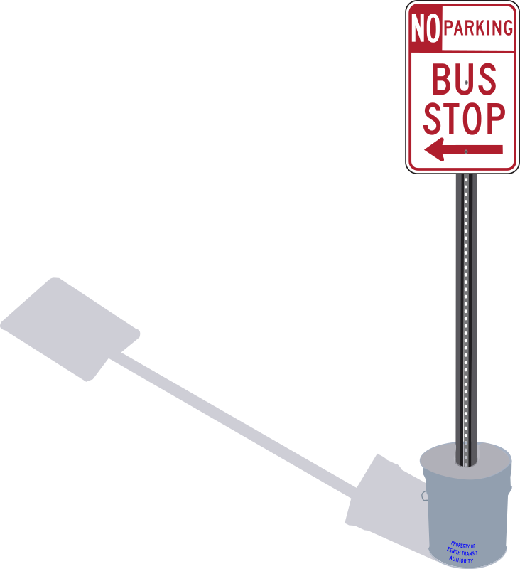 Bus Stop sign in cement pail with shadow