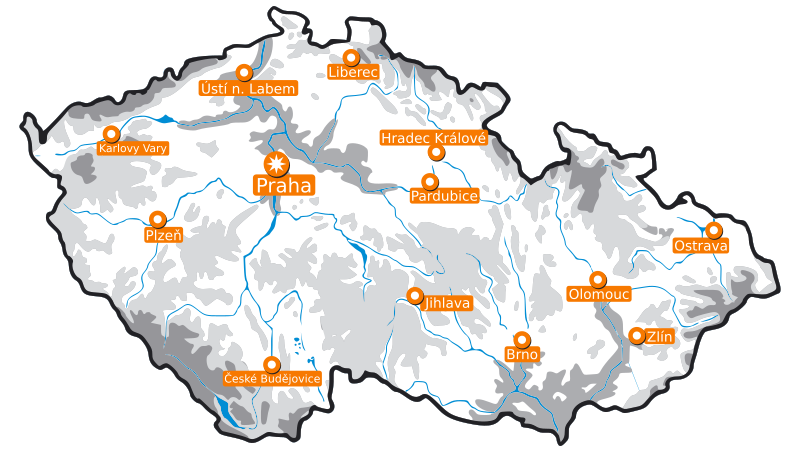 Map of the Czech Republic with main region's cities