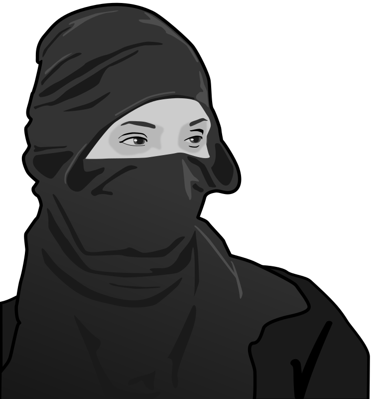 B&W image of a woman wearing a t-shirt as a balaclava