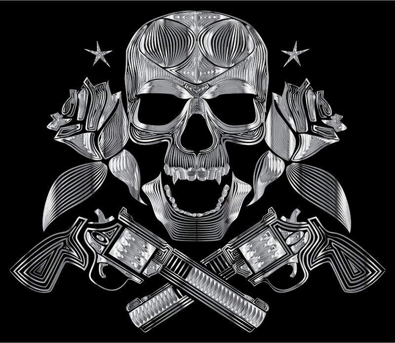 Flowers And Firearms Skull Line Art Polished Chrome