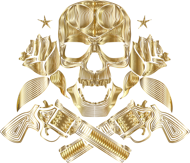 Flowers And Firearms Skull Line Art Gold No BG