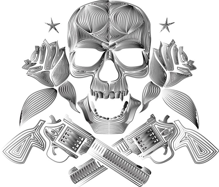 Flowers And Firearms Skull Line Art Duochrome No BG - Openclipart