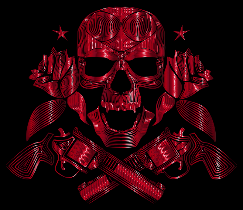 Flowers And Firearms Skull Line Art Crimson