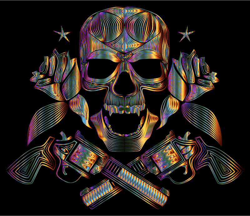 Flowers And Firearms Skull Line Art Chromatic