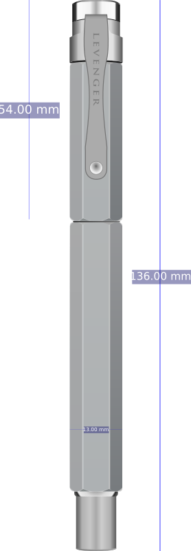 Levenger L-Tech 3.0 chrome fountain pen with dimensions