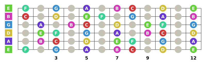 Guitar fretboard with notes