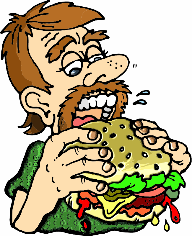 A bearded man eating a big burger