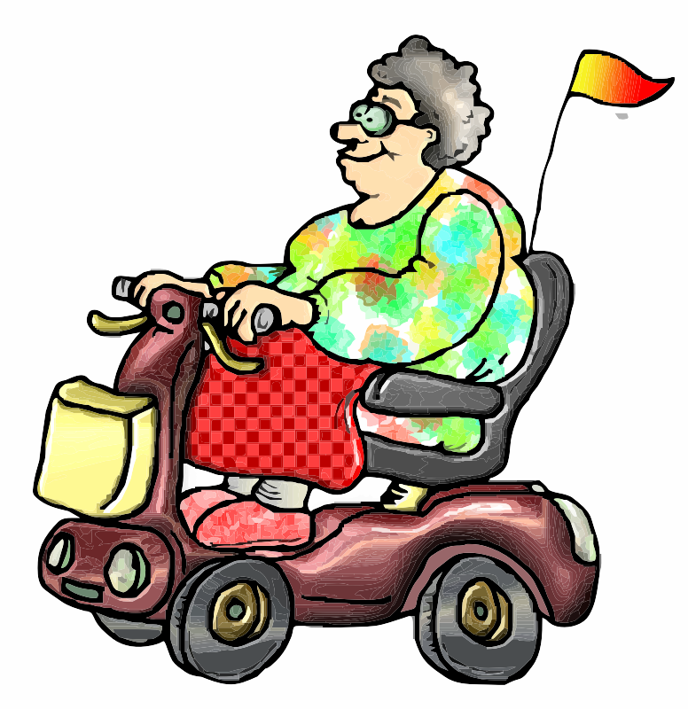 A cartoon of a lady on a Mobility Scooter