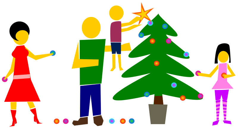 family decorating christmas tree clipart