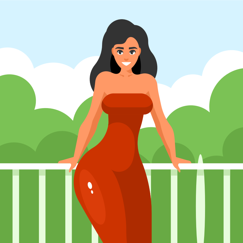 Woman in red dress standing on balcony