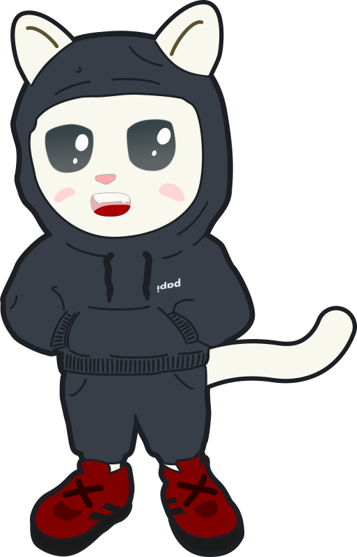 White cat wearing black tracksuit