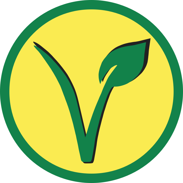 vegan v in yellow circle with green outline 