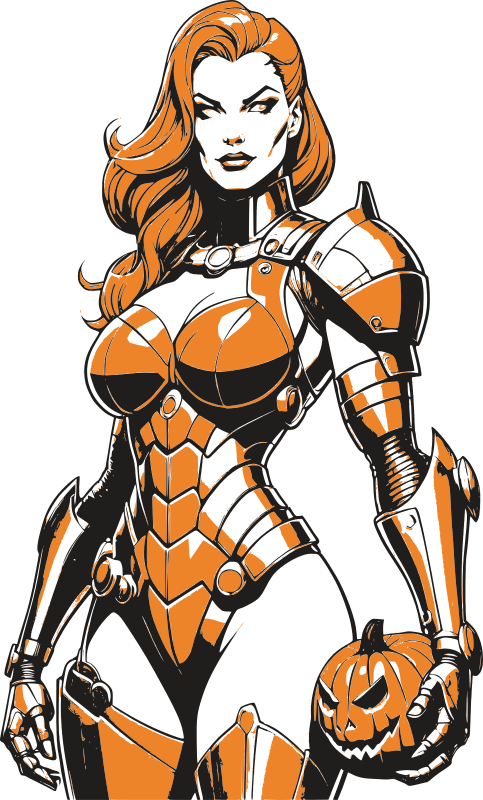 Cyborg woman holding pumpkin