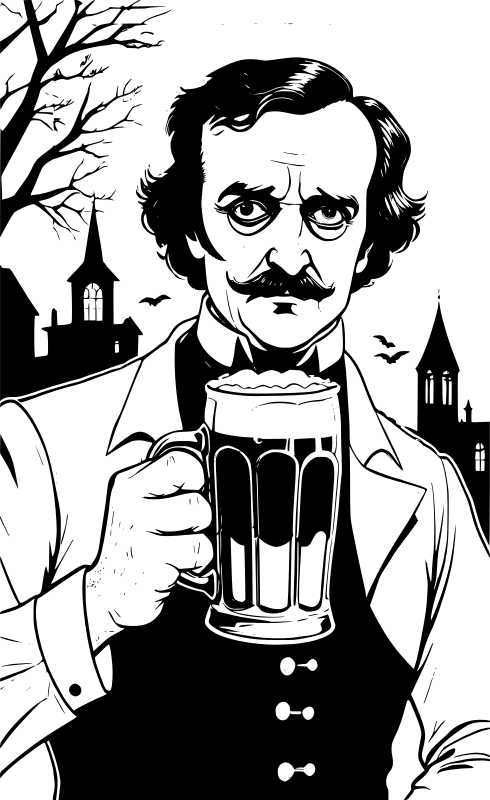 Edgar Allan Poe holding a beer