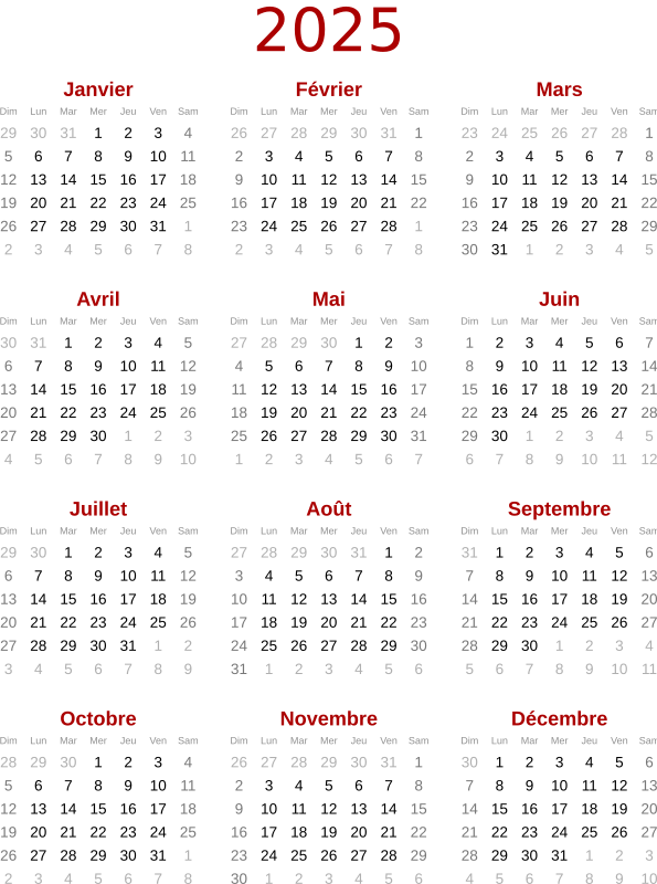 Calendrier 2025