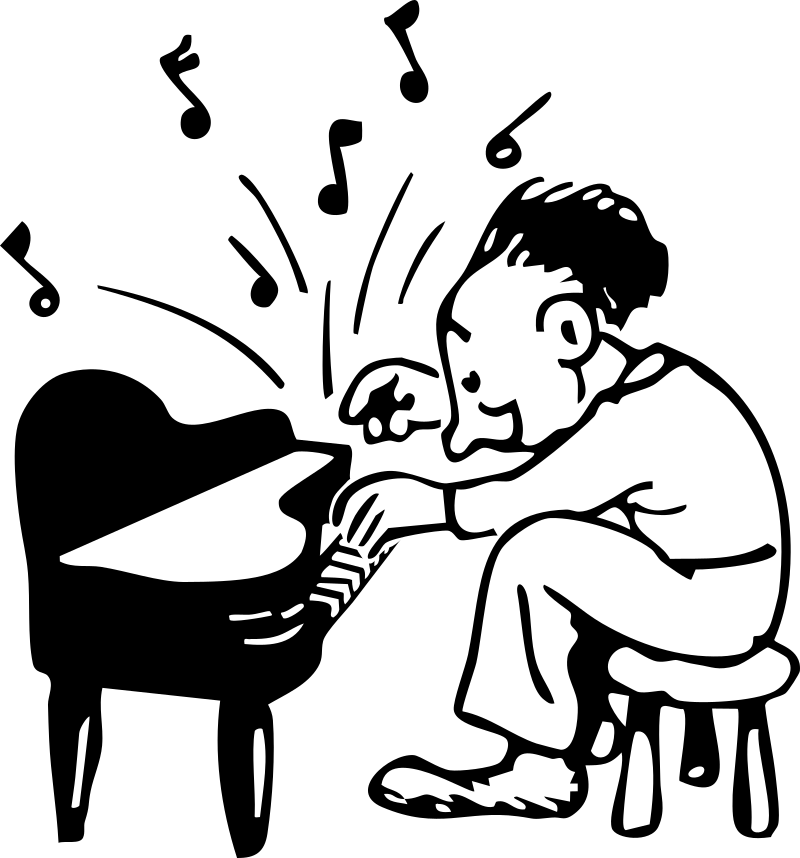Boy Playing Tiny Piano Notes Comic Traced