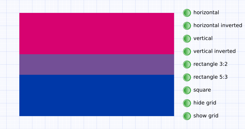 Bisexual pride flag horizontal/vertical stripes, square or rectangles with 2 different aspect ratios; soft animation