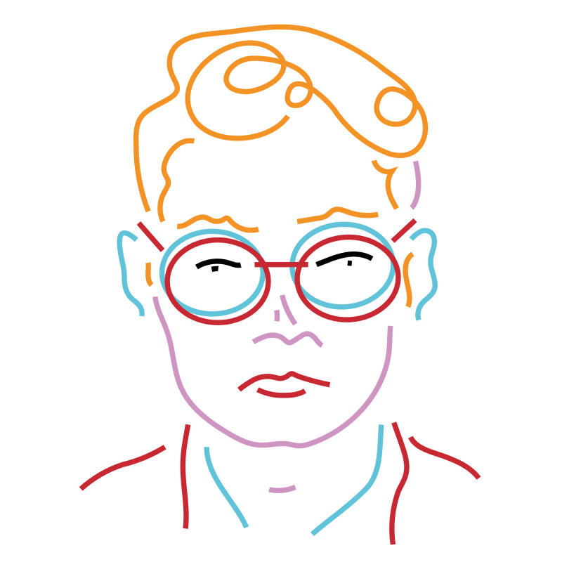 Colorful person with quiff and thick glasses