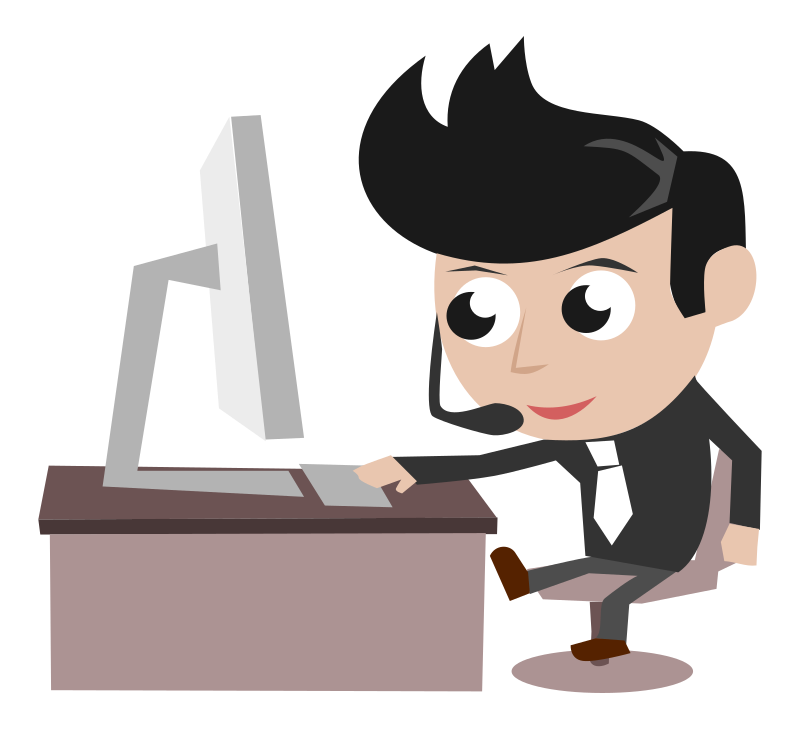 Call Center Guy Dark Shirt Black Stylish Hair Smiling Sitting in Front of PC Simple Cartoon Comic Style