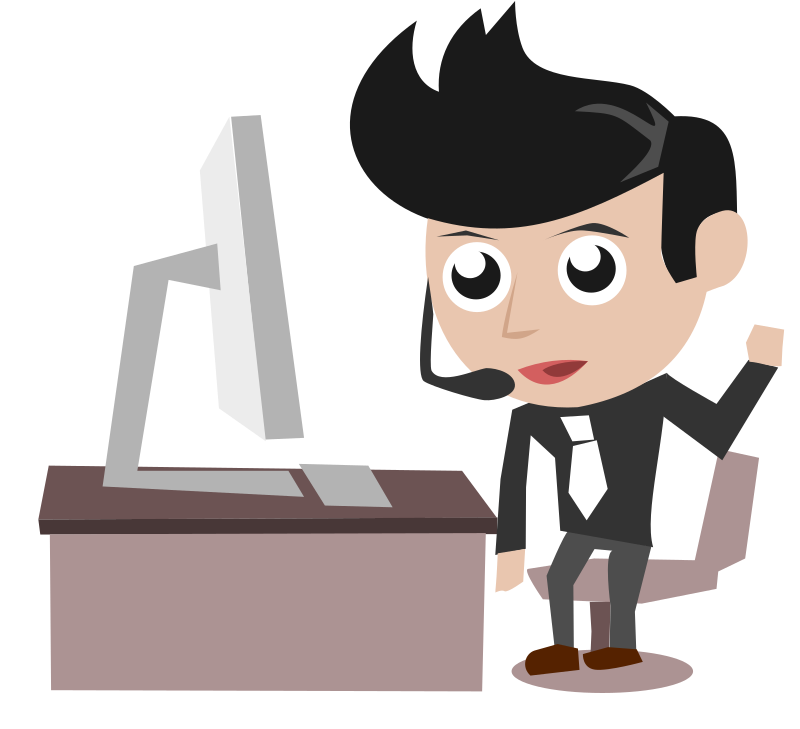 Call Center Guy Dark Shirt Black Stylish Hair Standing and Talking in Front of PC Simple Cartoon Comic Style