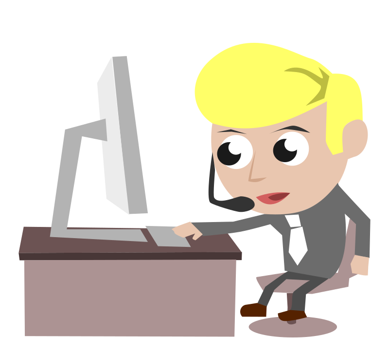 Call Center Guy Gray Shirt Blonde Hair Sitting and Talking in Front of PC Simple Cartoon Comic Style