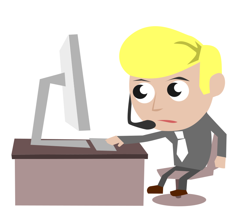Call Center Guy Gray Shirt Blonde Hair Uncomfortable in Front of PC Simple Cartoon Comic Style
