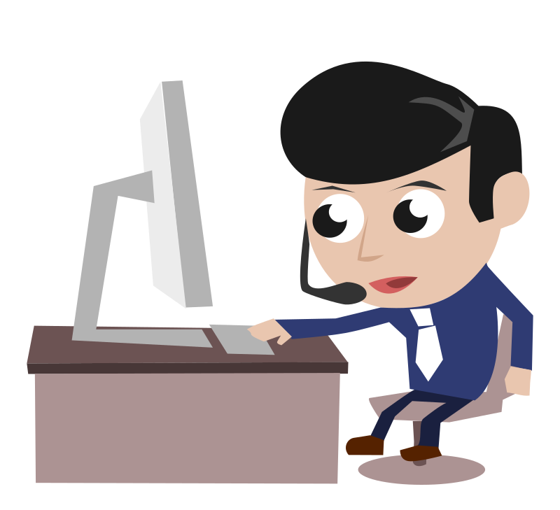 Call Center Guy Blue Shirt Black Hair Sitting and Talking in Front of PC Simple Cartoon Comic Style