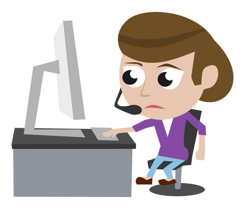 Call Center Lady Purple Shirt Brown Hair Sitting and Frowning and Moving Foot in Front of PC Simple Cartoon Comic Style