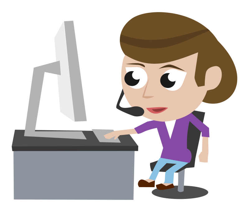 Call Center Lady Purple Shirt Brown Hair Sitting and Talking in Front of PC Simple Cartoon Comic Style