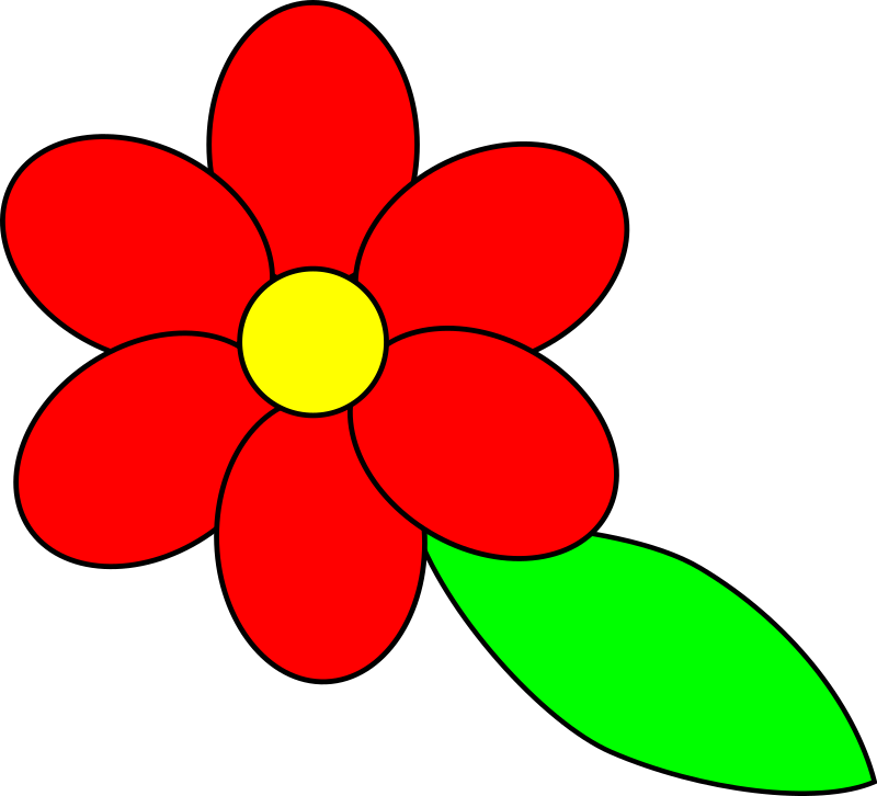 Flower six red petals black outline green leaf