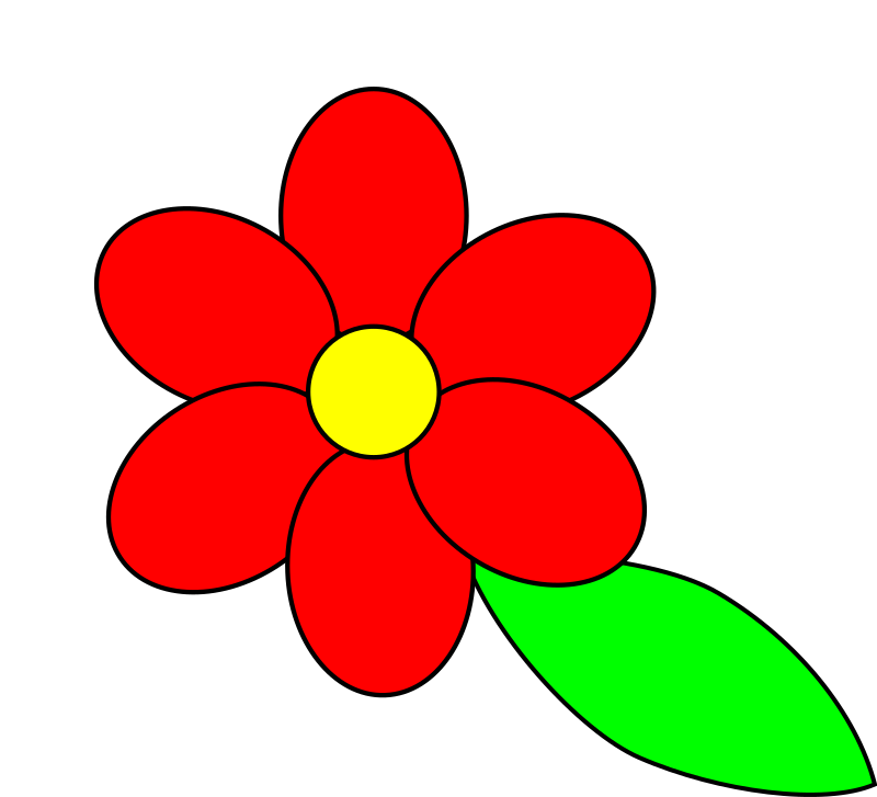 Flower six red petals black outline green leaf with upper and lower text