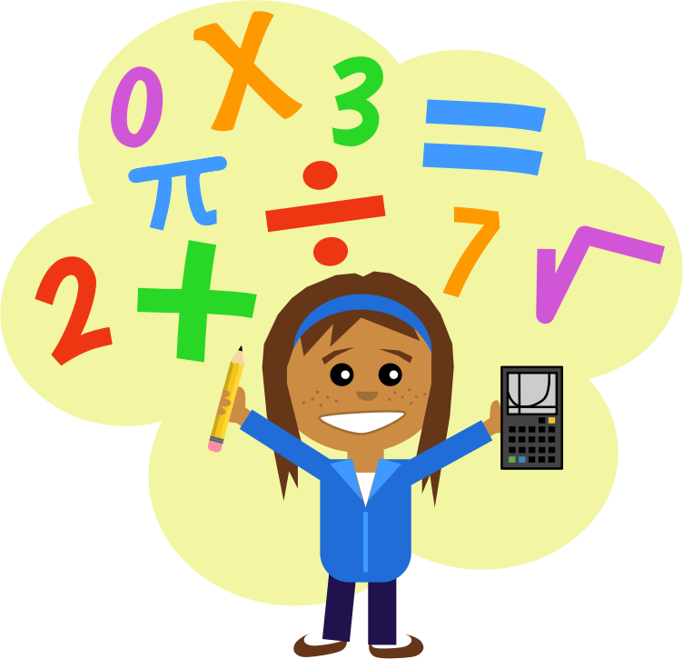 Math Girl by Scout - girl with pencil and calculator in a cloud of math symbols, drawn in comic style